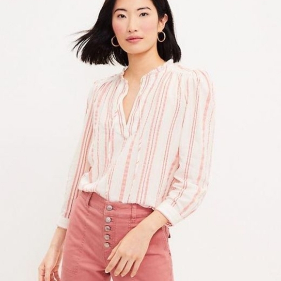 Loft Cream and Mauve Pink Striped Ruffle Tie Neck Tunic Blouse NWT - Picture 1 of 12